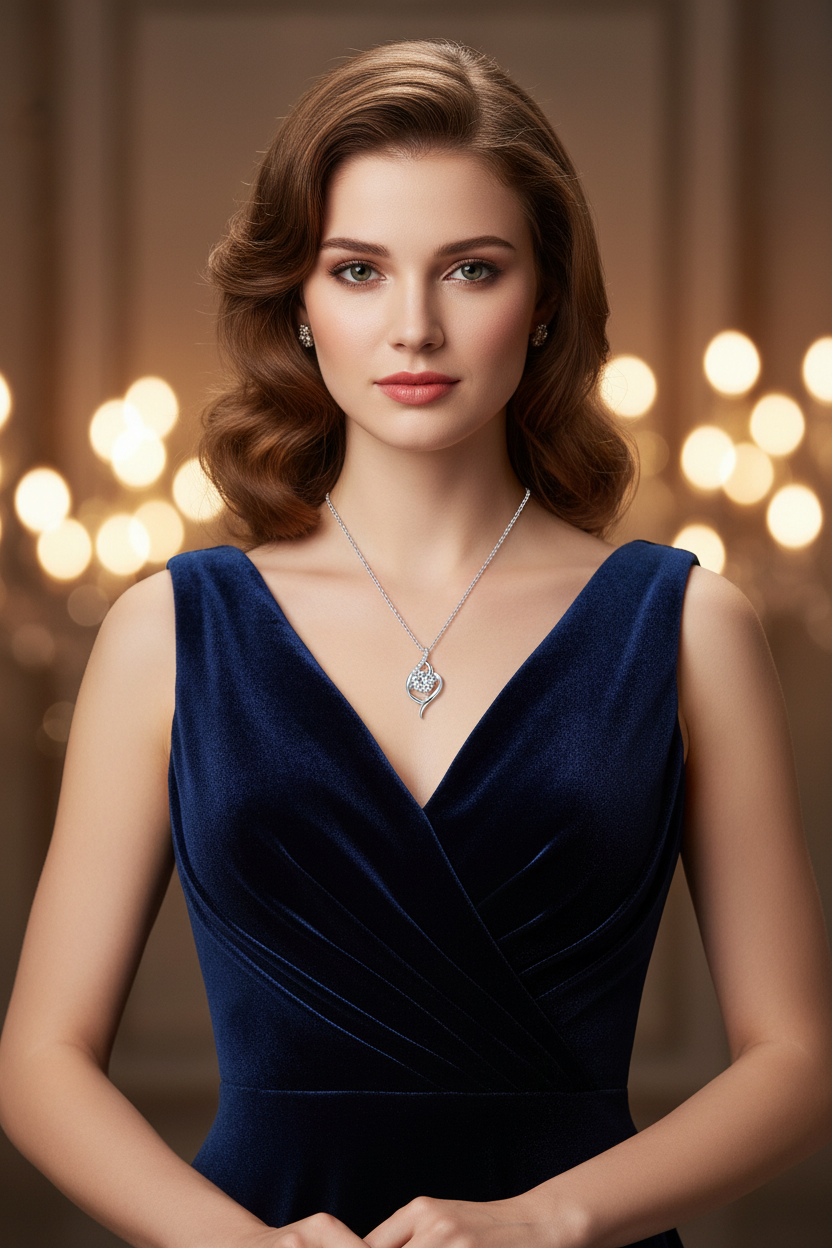 Silver pendant necklace with teardrop charm pendant at center of neckline