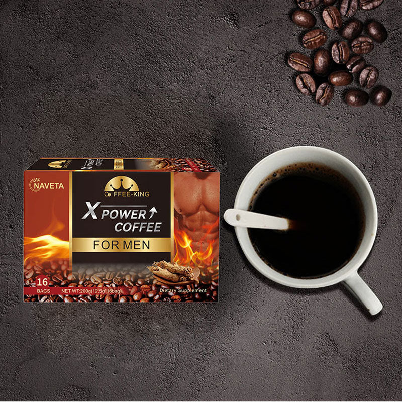 Naveta X-Power Coffee for men box next to hot black coffee in cup on beans