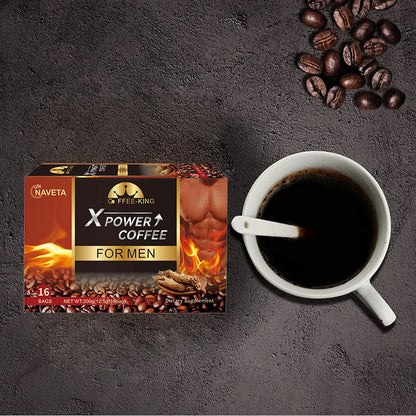 Naveta X-Power Coffee for men box next to hot black coffee in cup on beans
