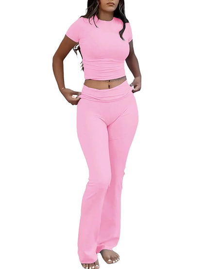 Casual Solid Color Slim Fit Two-piece Set, Short Sleeved Round Neck T-shirt And Tight Flared Sports Pants