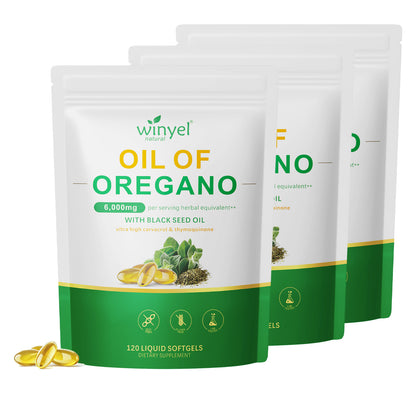 Multiple Oil of Oregano liquid softgels supplement pouches with black seed oil