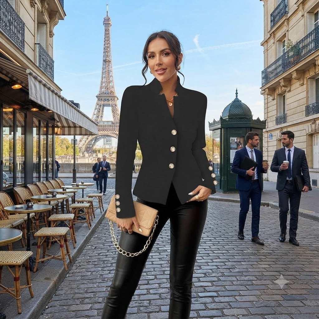 Black women's tailored blazer, long sleeves, gold button front, fitted silhouette