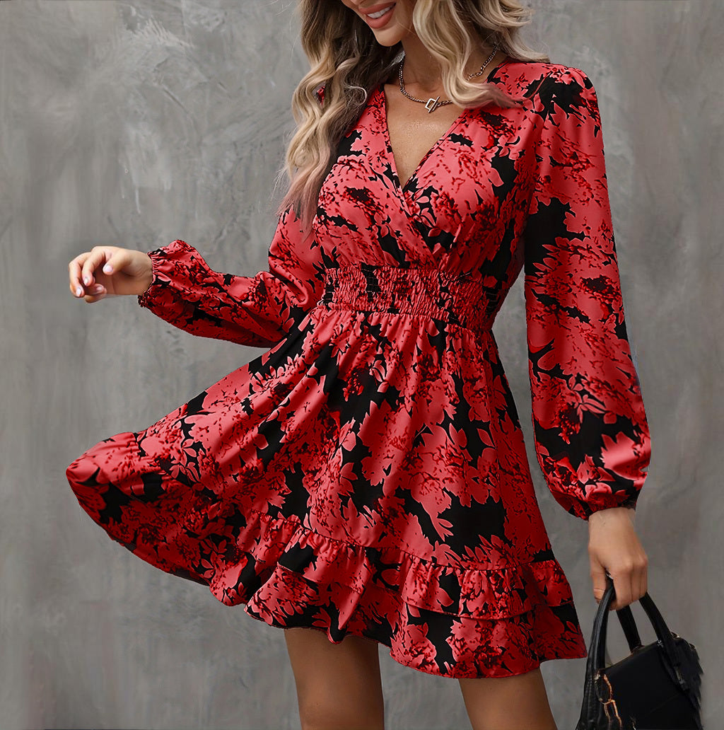 Women's Elegant Printed Lantern Sleeve A-Line, V-Neck, Ruffled Gathered Waist Detail, Flowy Midi Dress For Casual & Formal Occasions