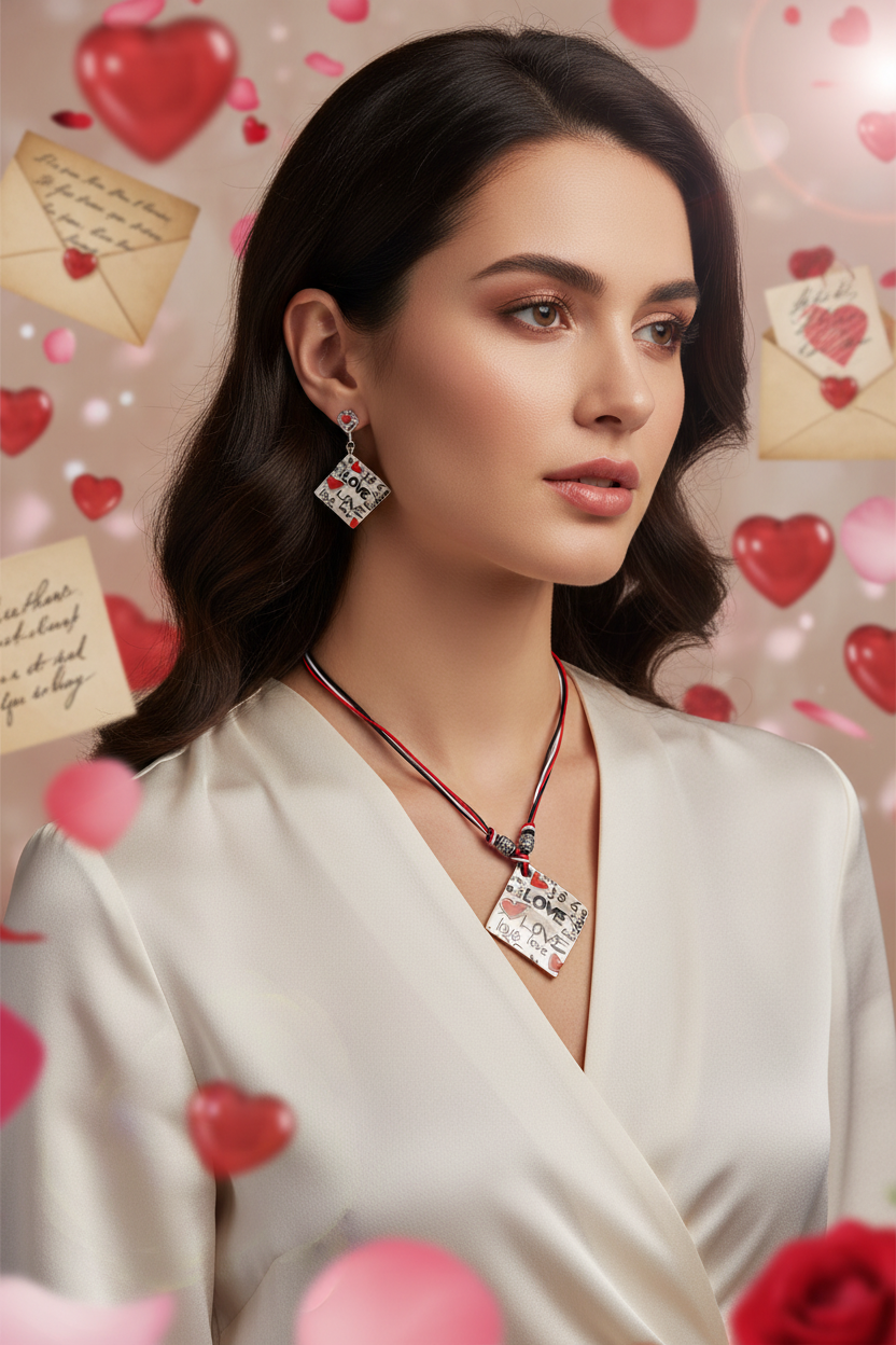 Shell necklace and earring set with rectangular multicolor pendants and red cord