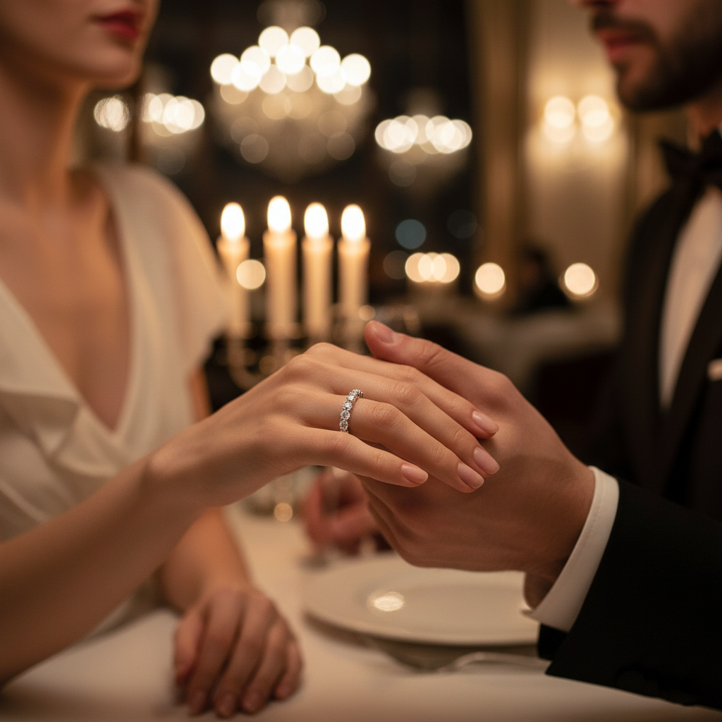 Silver eternity ring with sparkling stone row on hand over partner’s hand