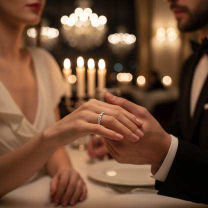 Silver eternity ring with sparkling stone row on hand over partner’s hand