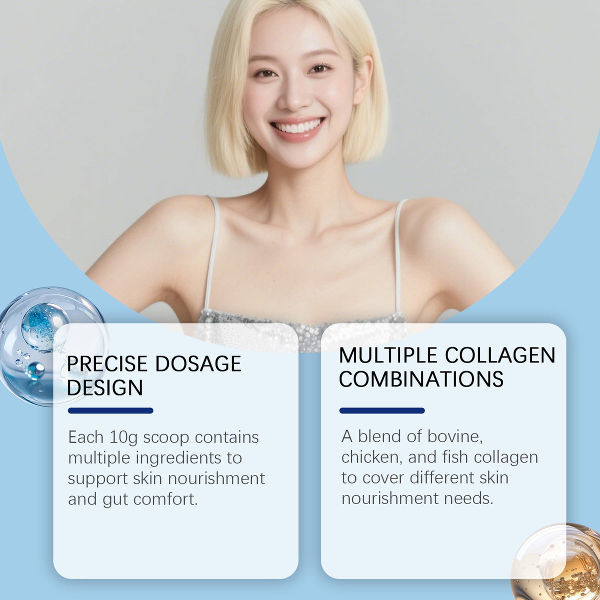 Collagen peptide powder serving concept with scoop and smiling woman in workout top