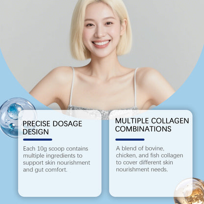 Collagen peptide powder serving concept with scoop and smiling woman in workout top