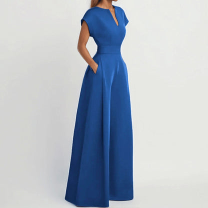 Women's V-Neck Solid Color Short Sleeve Jumpsuit Wide Leg A-Line Waist Tied Casual Summer Outfit