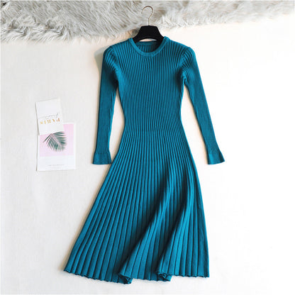 Round Neck Knitted Long Sleeve A- Line Dress