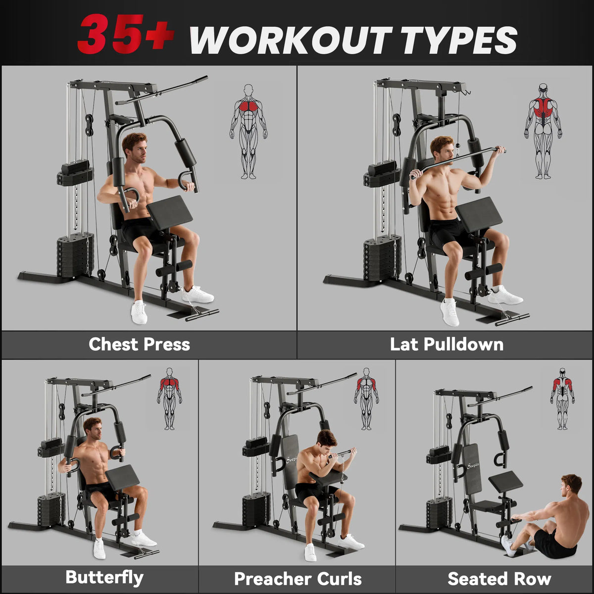 Black home gym station shown in workout setup panels, including chest press and lat pulldown
