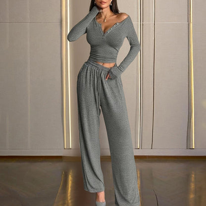 Women's Solid Color Fall&Winter Pants Set - Sexy V-Neck Button-Up Fitted Long Sleeve T-Shirt & High-Waist Flared Wide-Leg Stretchy Pants
