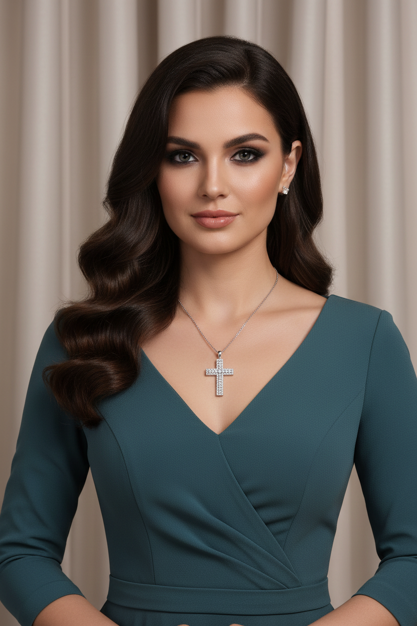 Silver cross pendant necklace with clear-stone accents on a chain at neckline
