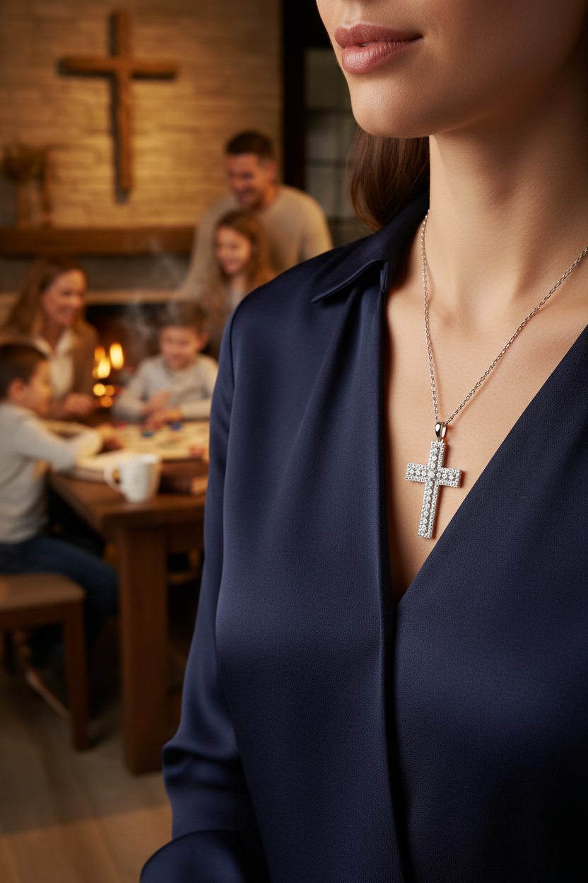 Silver cross pendant necklace on a thin chain with small stone details