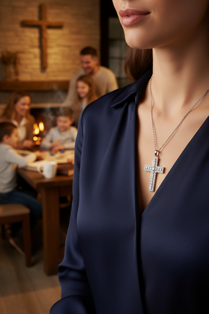 Silver cross pendant necklace on a thin chain with small stone details