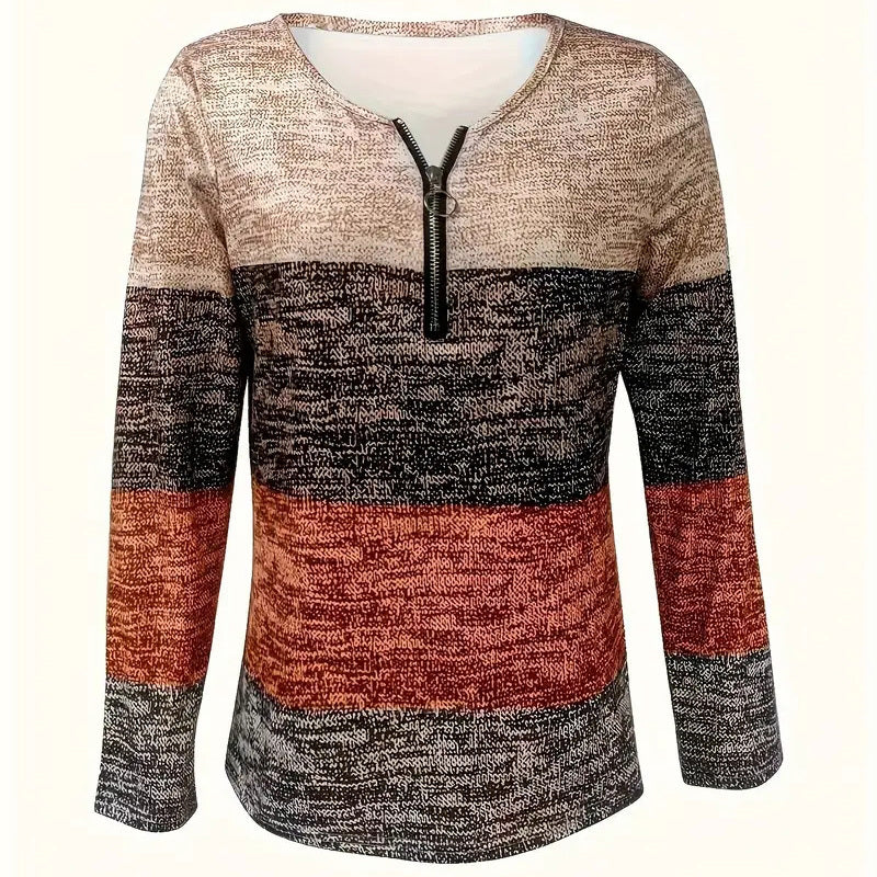 Women's Geometric Color Block V-Neck Zip Detail Long Sleeve T-Shirt all Casual Slim Fit Top