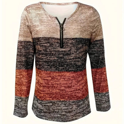 Women's Geometric Color Block V-Neck Zip Detail Long Sleeve T-Shirt all Casual Slim Fit Top