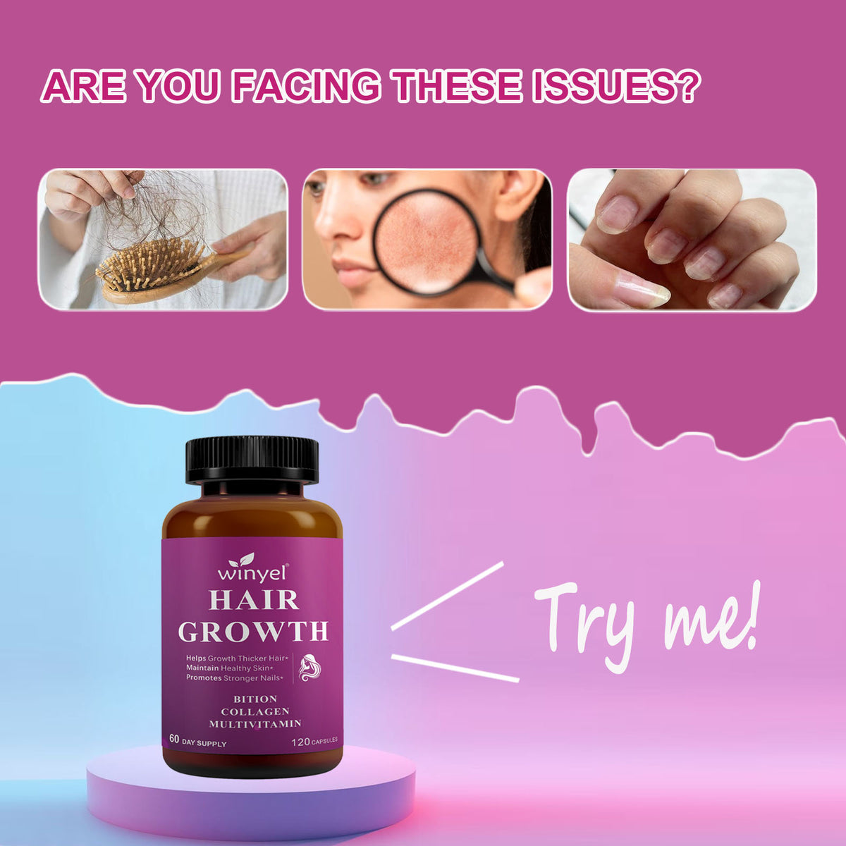 Hair growth supplement bottle on a small pedestal, amber bottle with black cap