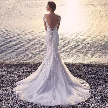 Princess Bride Mermaid White Trailing Backless Lace Wedding Dress