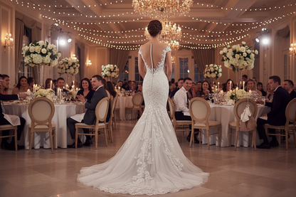 White lace mermaid wedding dress back view with open back and sweeping train