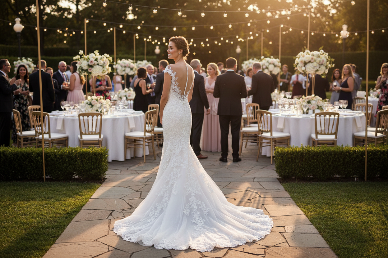 White lace mermaid wedding dress viewed from behind with long flowing skirt