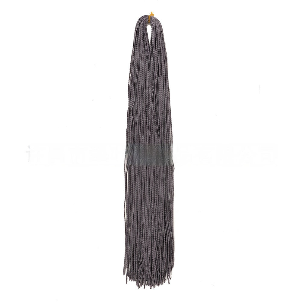 Gray braided crochet hair extensions bundle with long straight strands and fringed ends.