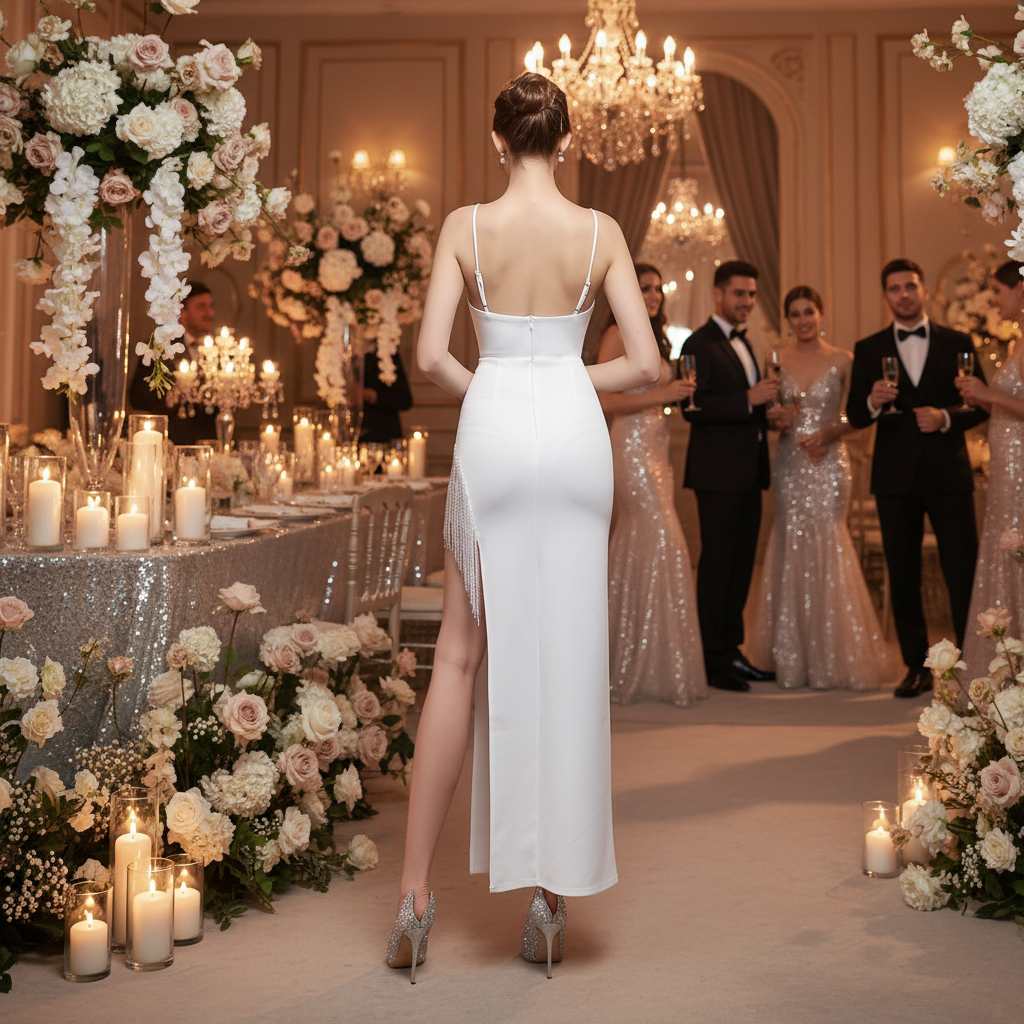 White long camisole gown with thin back straps and long straight skirt.