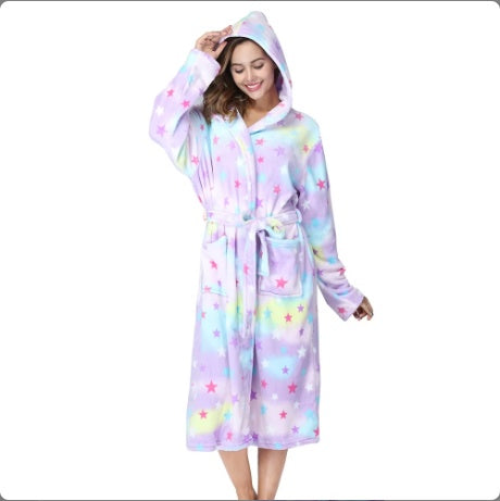 Plush Oversize Winter Soft Warm Long Flannel Bathrobe With Hooded Women Thick Night Fleece