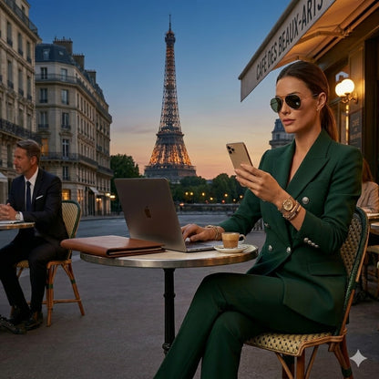 Women’s suit jacket and trousers set, green blazer with double buttons, slim pants