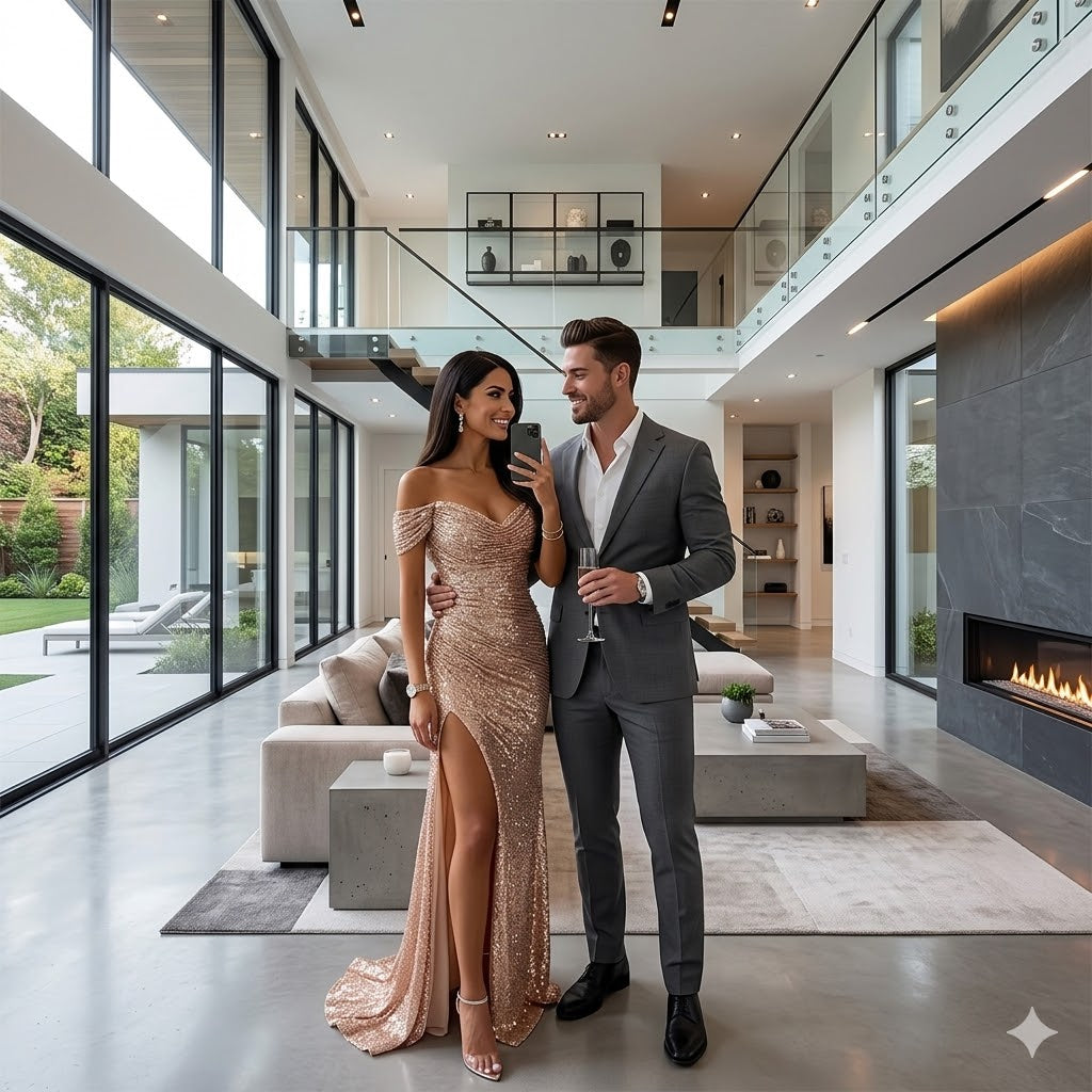 Champagne sequined off-shoulder split evening dress, fitted bodice and long slit