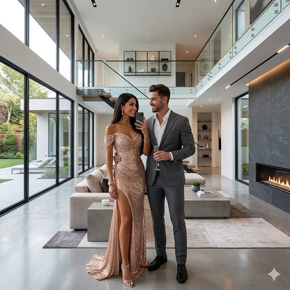 Champagne sequined off-shoulder split evening dress, fitted bodice and long slit