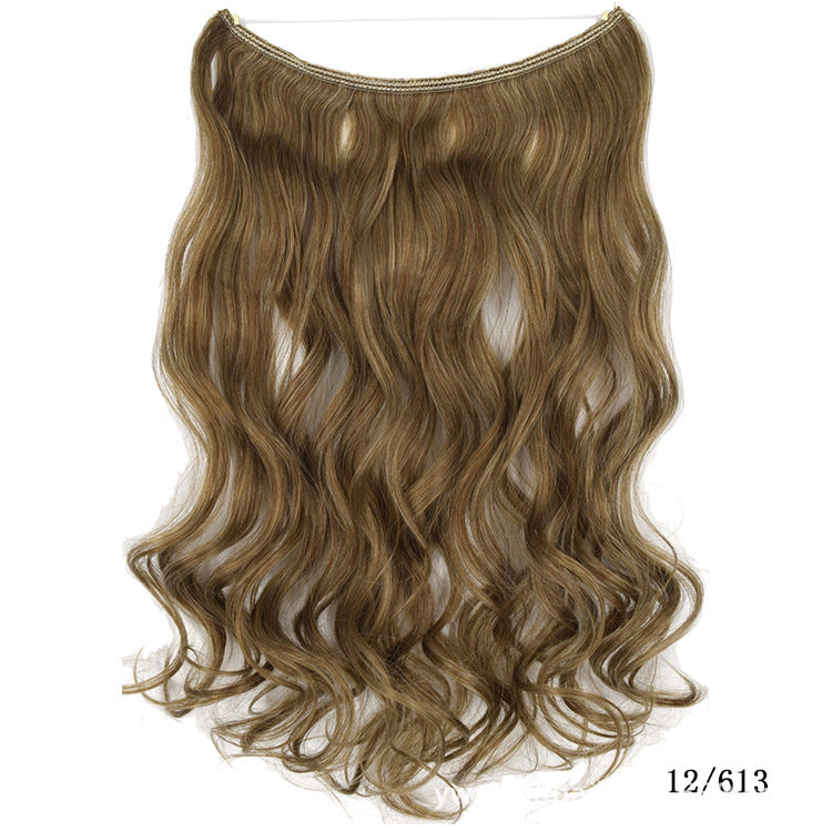 Seamless one-piece hair extension wig in medium brown, wavy long hairpiece