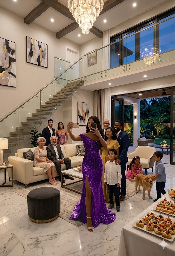 Sequined off-shoulder split dress, long purple gown with slim fit and side slit