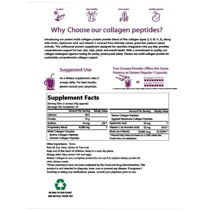 Collagen peptide powder bag: back label "Why choose" and Supplement Facts details