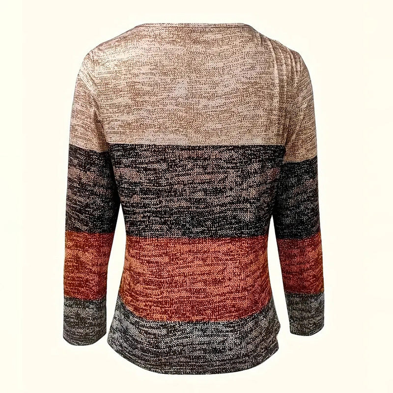 Women's Geometric Color Block V-Neck Zip Detail Long Sleeve T-Shirt all Casual Slim Fit Top