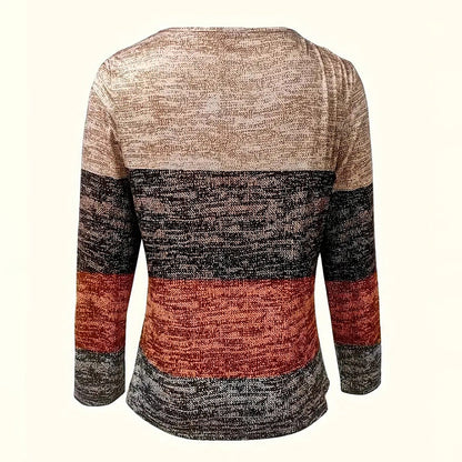 Women's Geometric Color Block V-Neck Zip Detail Long Sleeve T-Shirt all Casual Slim Fit Top