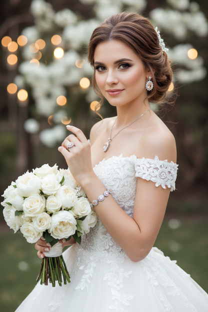 Women’s bridal jewelry set with blue zirconia pendant, earrings, ring, bracelet