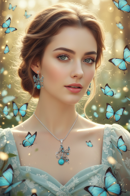 Turquoise butterfly necklace pendant with hollow filigree and matching drop earrings