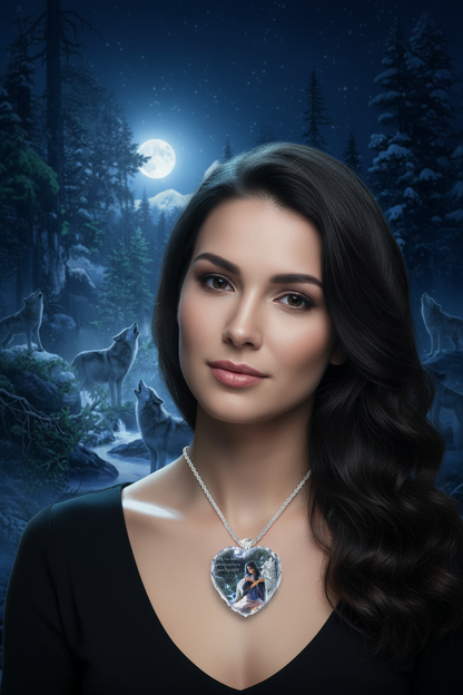 Heart-shaped crystal pendant necklace with silver chain and blue heart photo charm