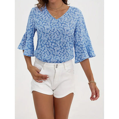 Womens Summer Floral Print Blouses V-Neck Flare Sleeve Tops Dressy Casual T-Shirts