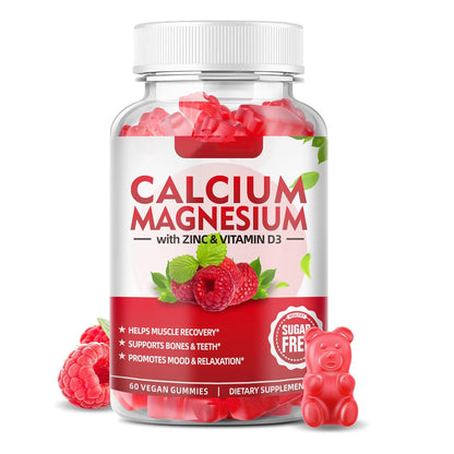Calcium magnesium supplement bottle with zinc and vitamin D3; red gummy bears