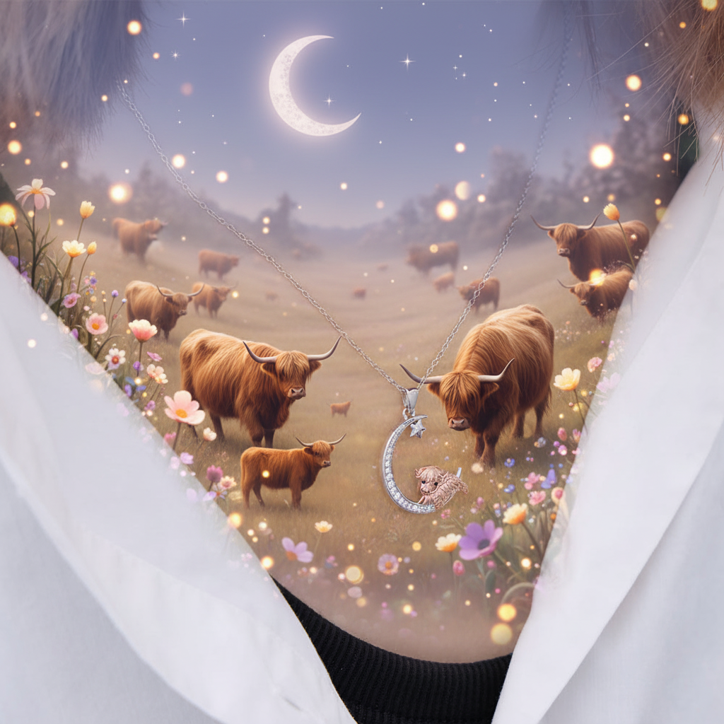 Silver moon pendant necklace with star and seated highland cow charm on chain