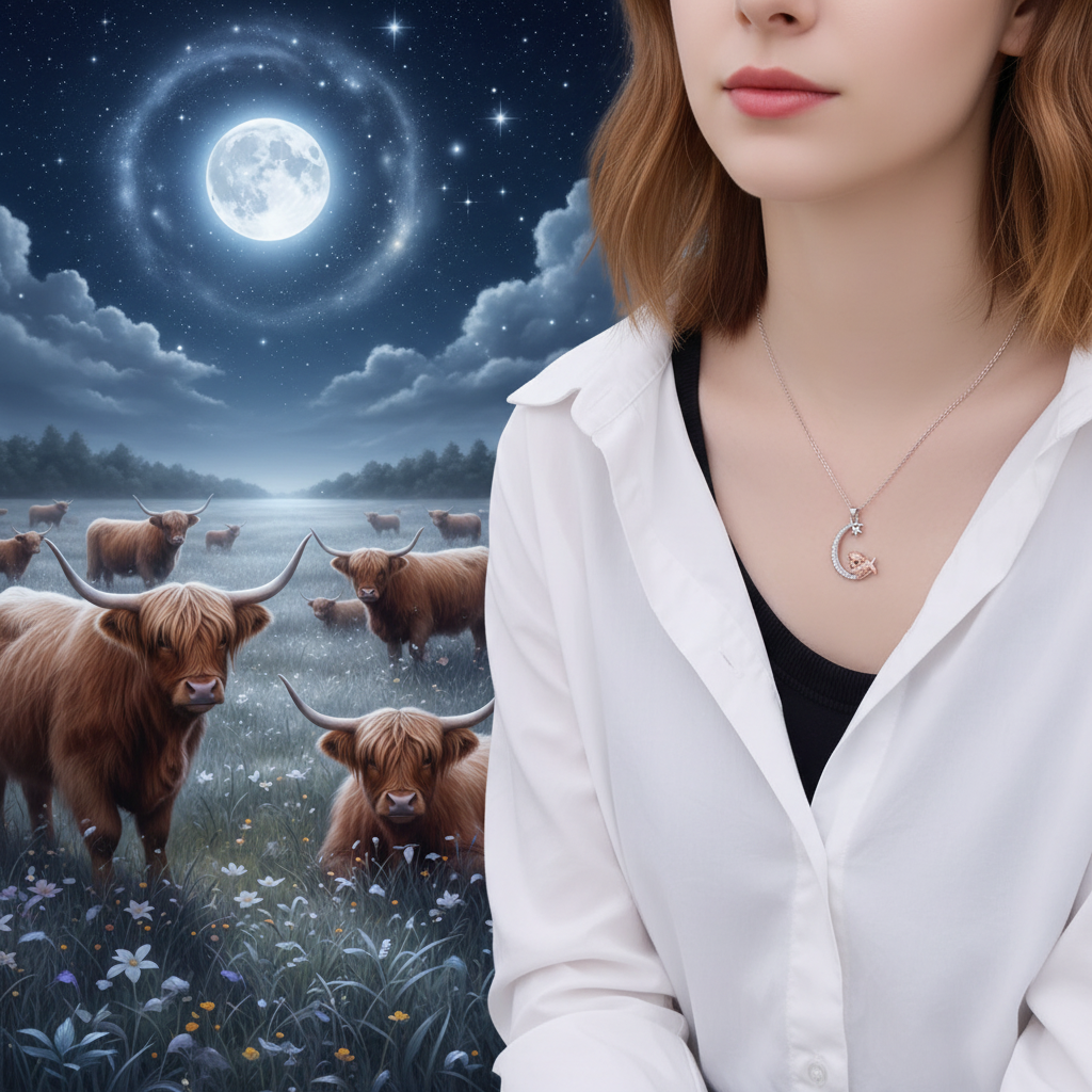 Silver 925 moon-and-cow pendant necklace on a fine chain, crescent with star charm