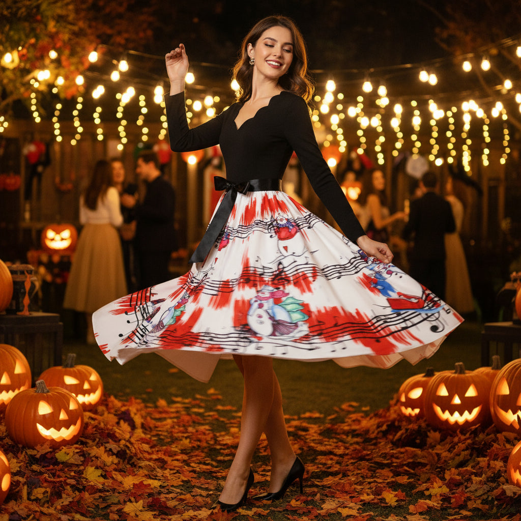 Halloween Burnt Flower V-neck Long-sleeved Sexy Print Big Swing Dress