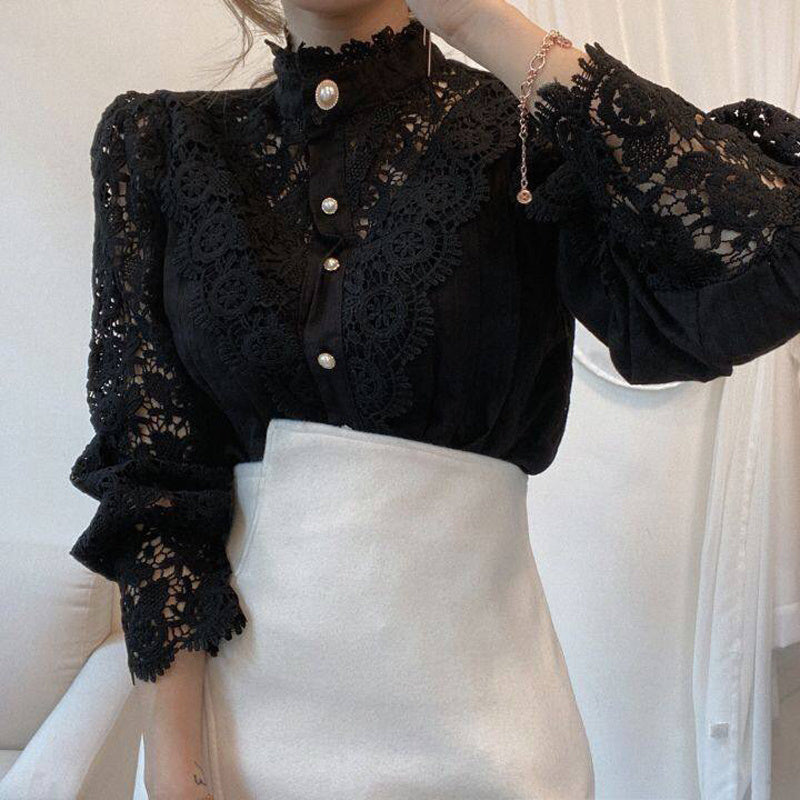 Elegant Women's Vintage Pearl Button Lace Blouse - Puff Sleeve Semi-Sheer Ruffled Stand Collar Shirt