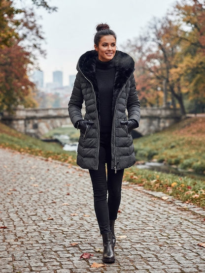 Black hooded long-sleeve puffer jacket with front zipper and drawstring hood