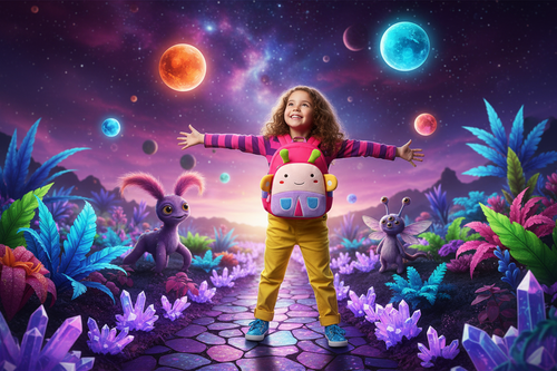 Character toddler backpack in purple and pink with front face pocket and shoulder straps