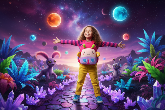 Character toddler backpack in purple and pink with front face pocket and shoulder straps