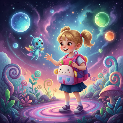 Children's pink and purple animal-face backpack with front pocket and adjustable straps