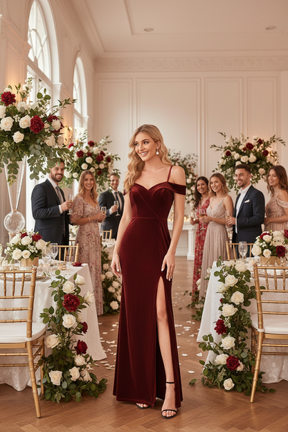 Wine-red velvet bridesmaid dress with sweetheart neckline, spaghetti straps and high slit
